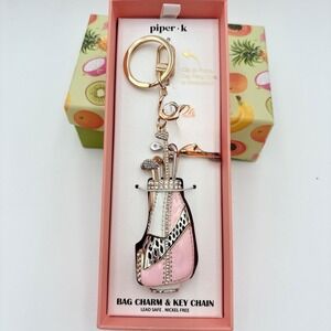 Piper K Golf Bag Charm Key Chain Purse Clip Rhinestone Pink White Gold